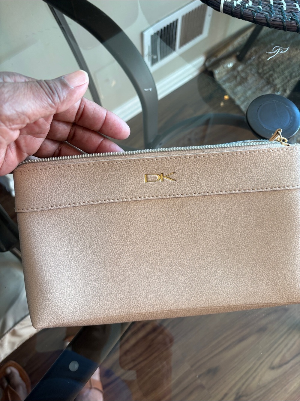 Dkny Neutral Beige Pebble Leather Wristlet with Gold Logo